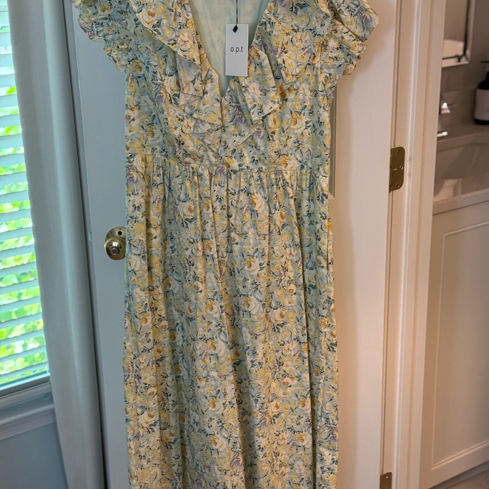 Blue and Cream Midi Sundress with Flutter Cap Sleeves
